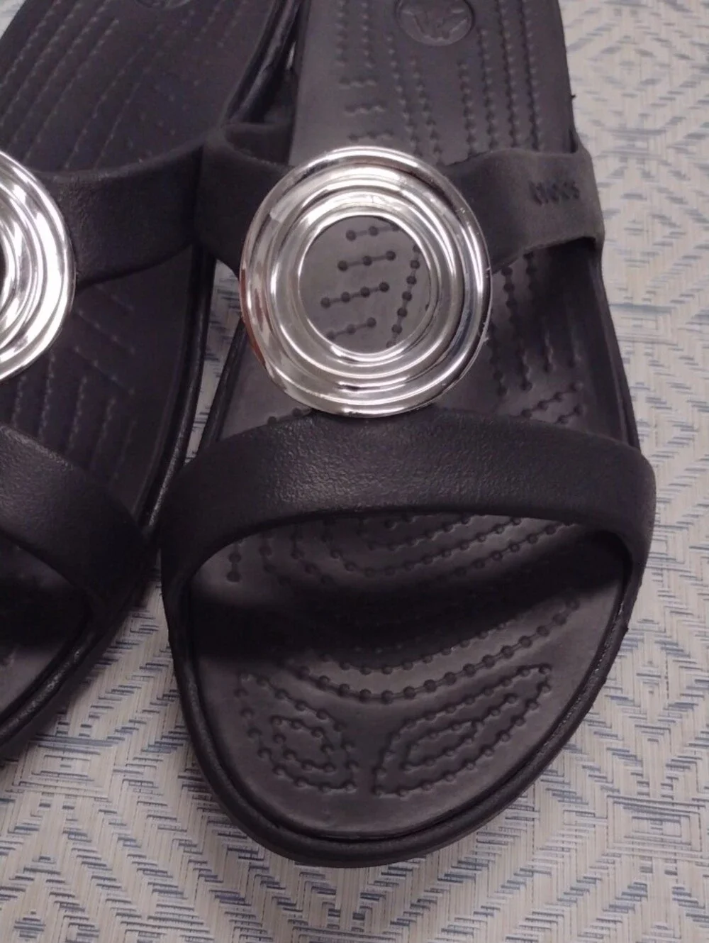 CROCS Black Slide Sandals with Silver Ring Detail